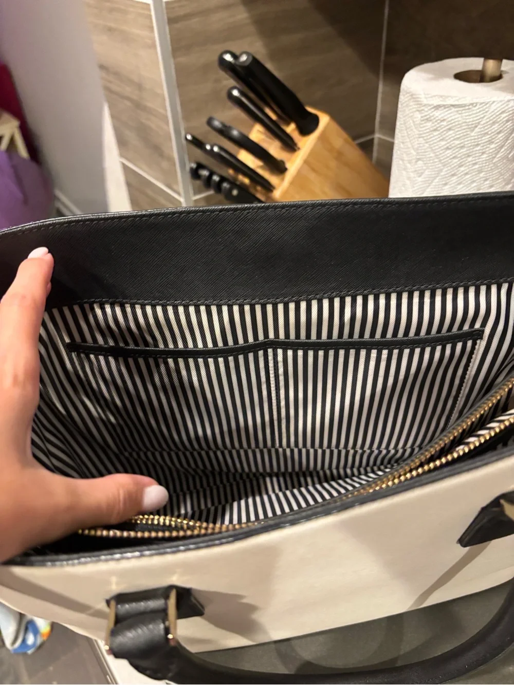 kate spade Tri-Color Saffiano Leather Tote - Blush, Black & Cream